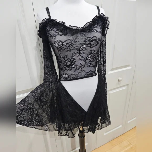 Dolls Kill Widow Gothic With Grace Black Mesh Lace Cropped Sheer Top S - Picture 5 of 12